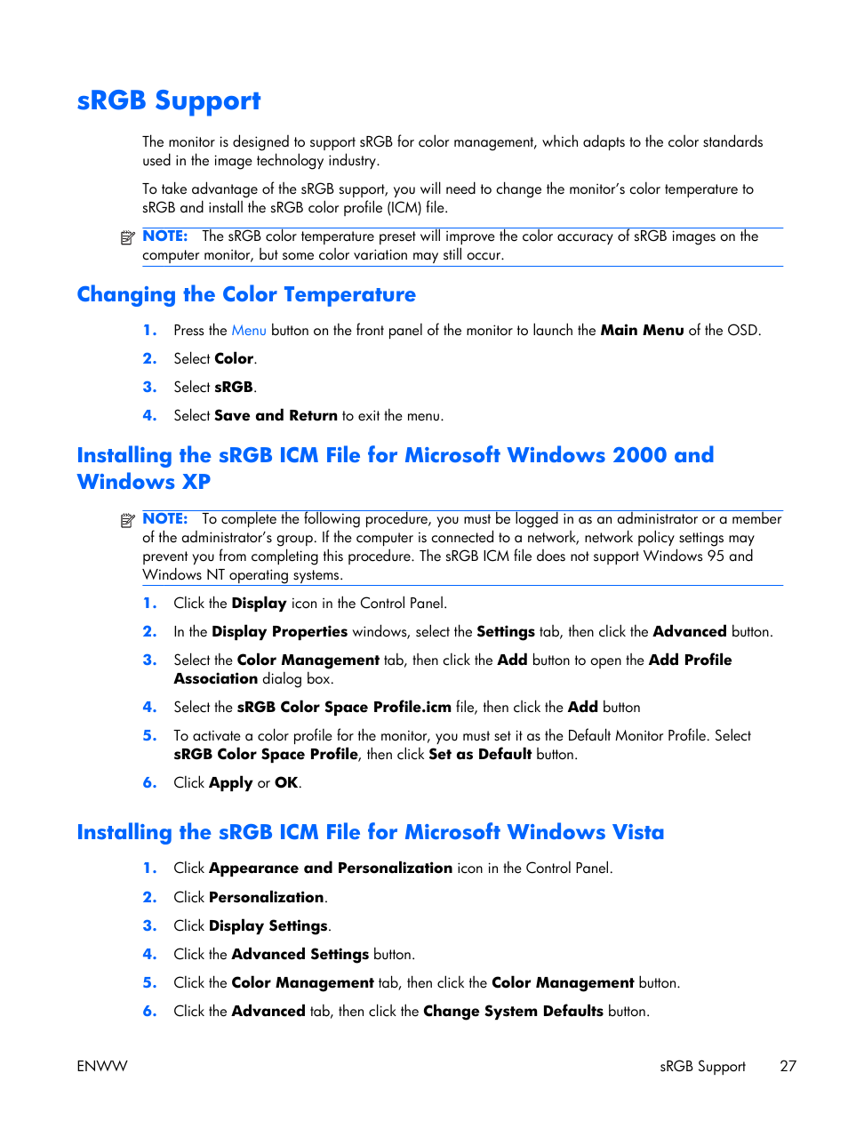 Srgb support, Changing the color temperature | HP LE2001w 20-inch Widescreen LCD Monitor User Manual | Page 35 / 50