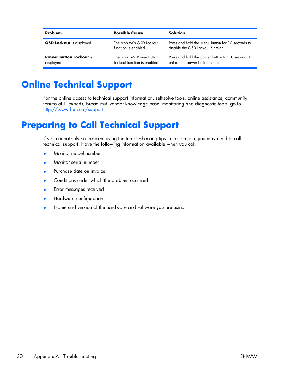 Online technical support, Preparing to call technical support | HP LE2001w 20-inch Widescreen LCD Monitor User Manual | Page 38 / 50