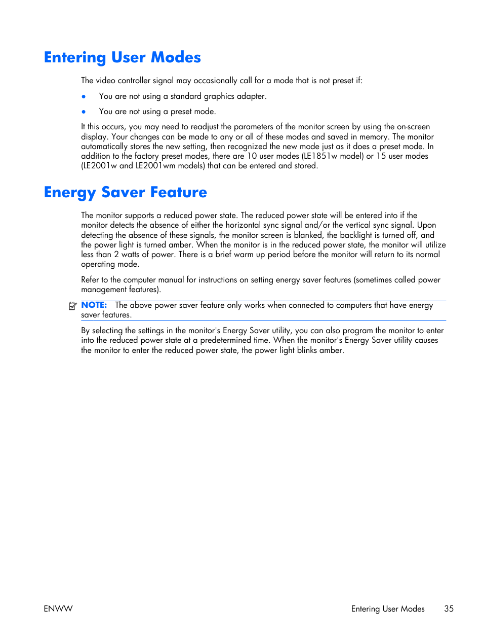 Entering user modes, Energy saver feature, Entering user modes energy saver feature | HP LE2001w 20-inch Widescreen LCD Monitor User Manual | Page 43 / 50