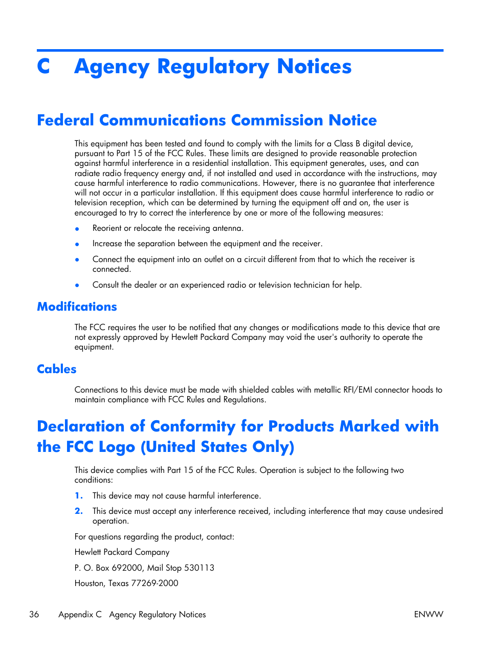 Agency regulatory notices, Federal communications commission notice, Modifications | Cables, Appendix c agency regulatory notices, Modifications cables, C agency regulatory notices | HP LE2001w 20-inch Widescreen LCD Monitor User Manual | Page 44 / 50
