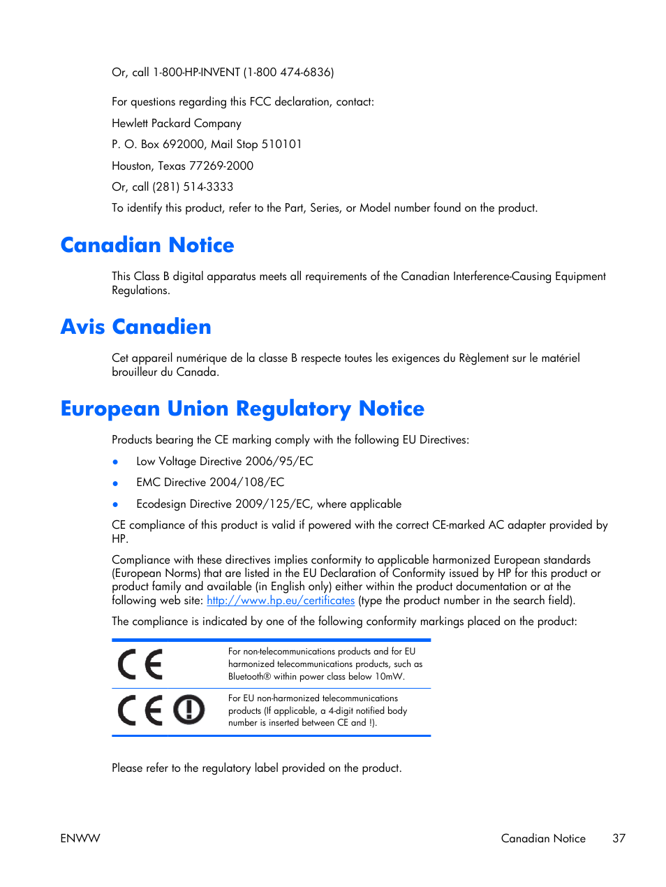 Canadian notice, Avis canadien, European union regulatory notice | HP LE2001w 20-inch Widescreen LCD Monitor User Manual | Page 45 / 50