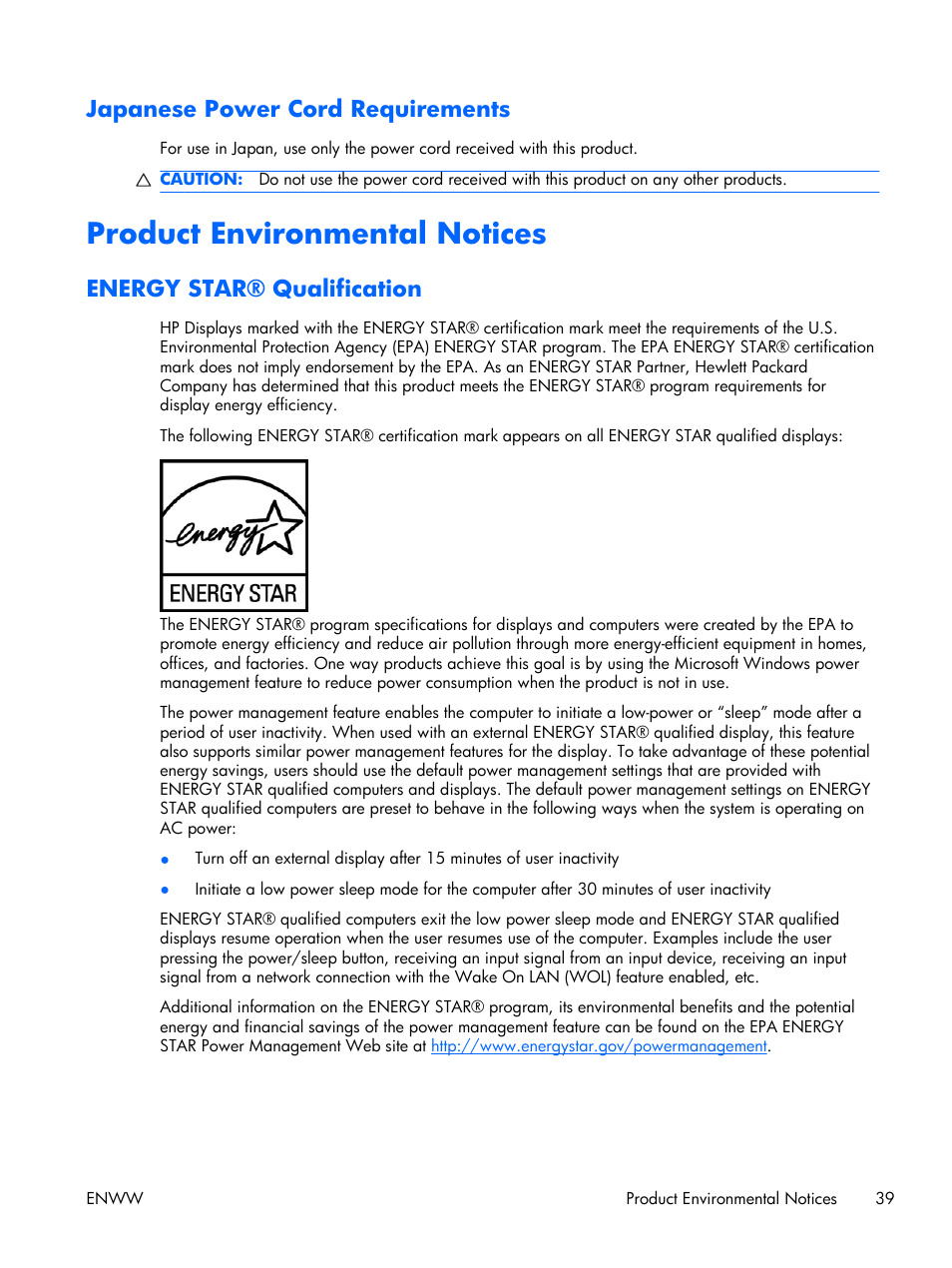 Japanese power cord requirements, Product environmental notices, Energy star® qualification | HP LE2001w 20-inch Widescreen LCD Monitor User Manual | Page 47 / 50