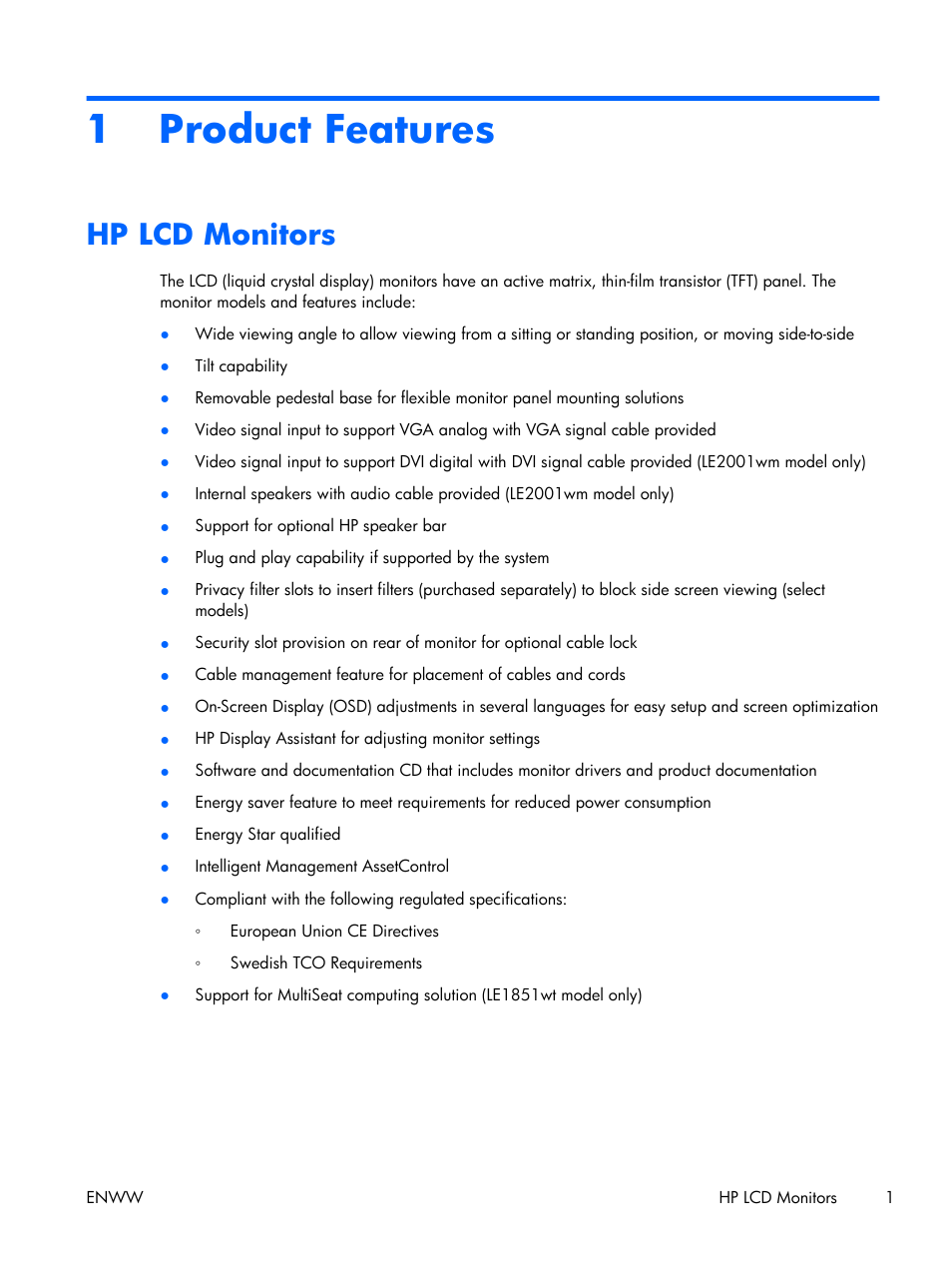 Product features, Hp lcd monitors, 1 product features | HP LE2001w 20-inch Widescreen LCD Monitor User Manual | Page 9 / 50