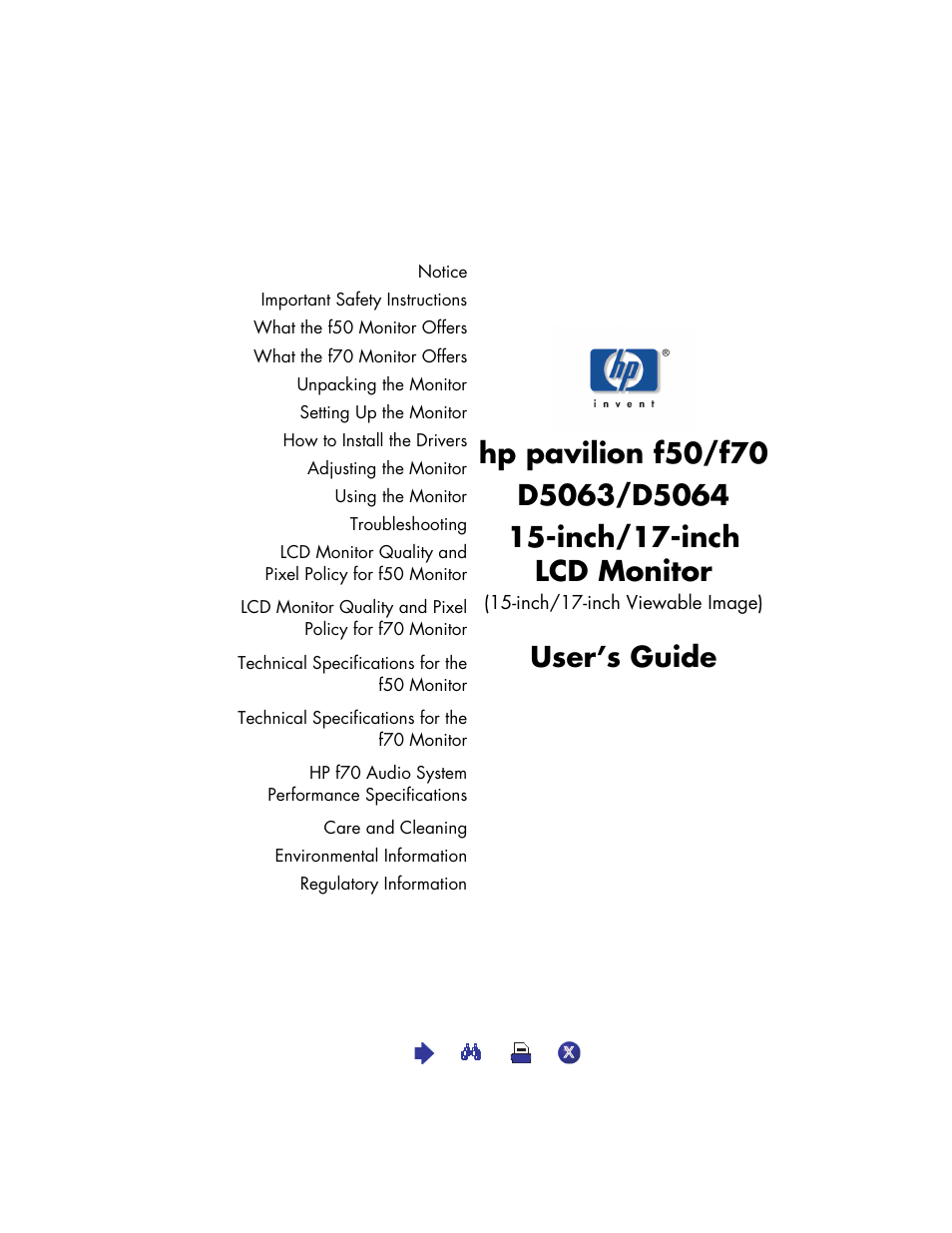 HP Pavilion f70 17 inch Flat Panel Monitor User Manual | 50 pages