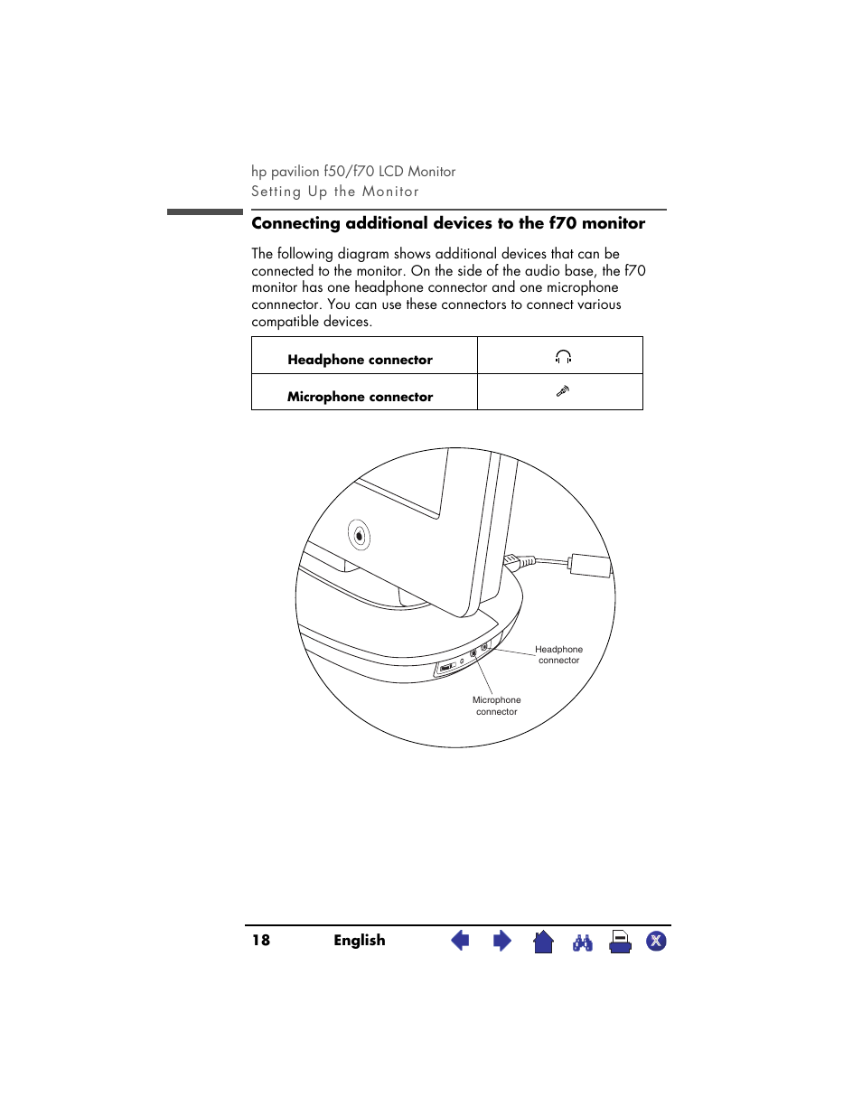 Connecting additional devices to the f70 monitor | HP Pavilion f70 17 inch Flat Panel Monitor User Manual | Page 18 / 50