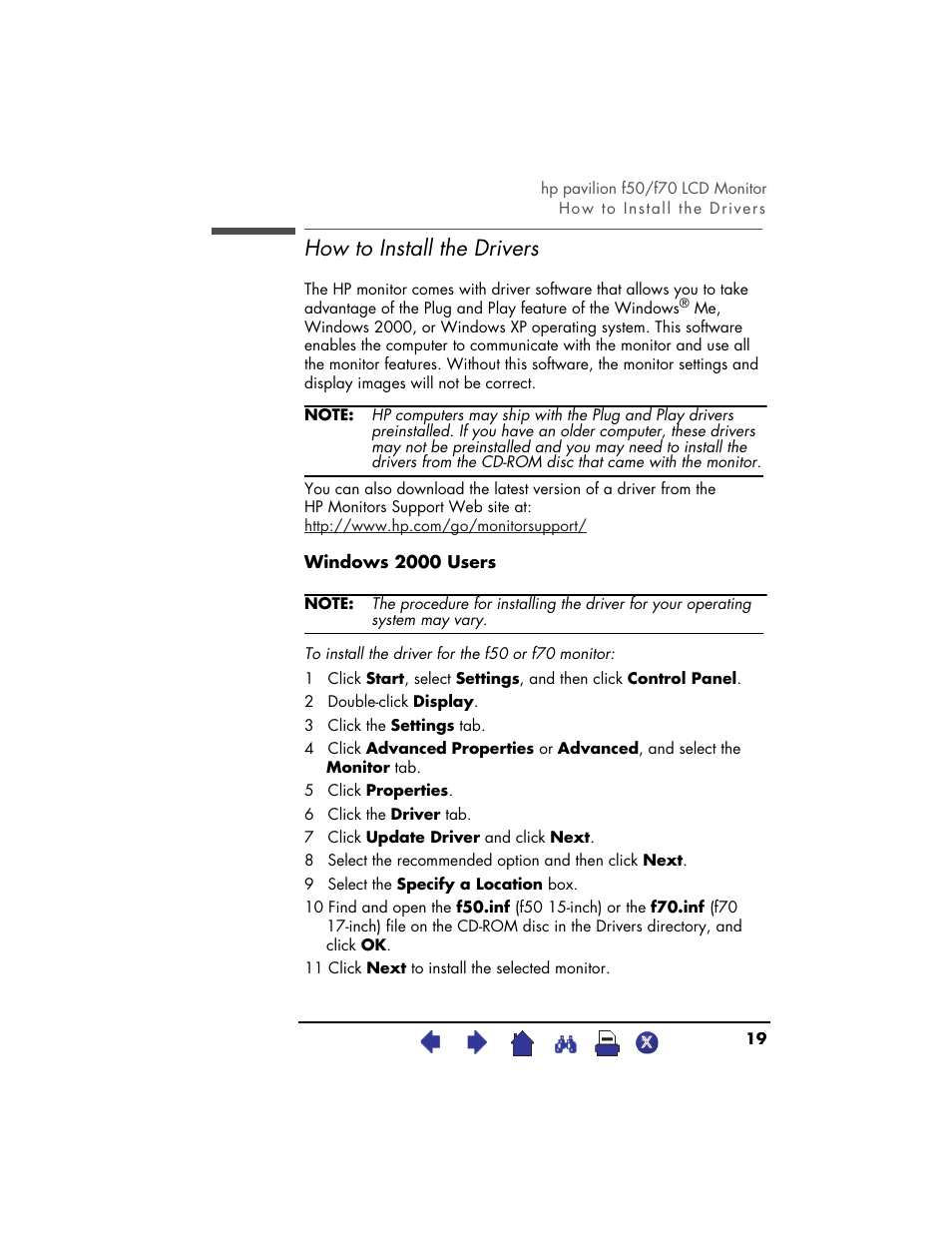 How to install the drivers | HP Pavilion f70 17 inch Flat Panel Monitor User Manual | Page 19 / 50