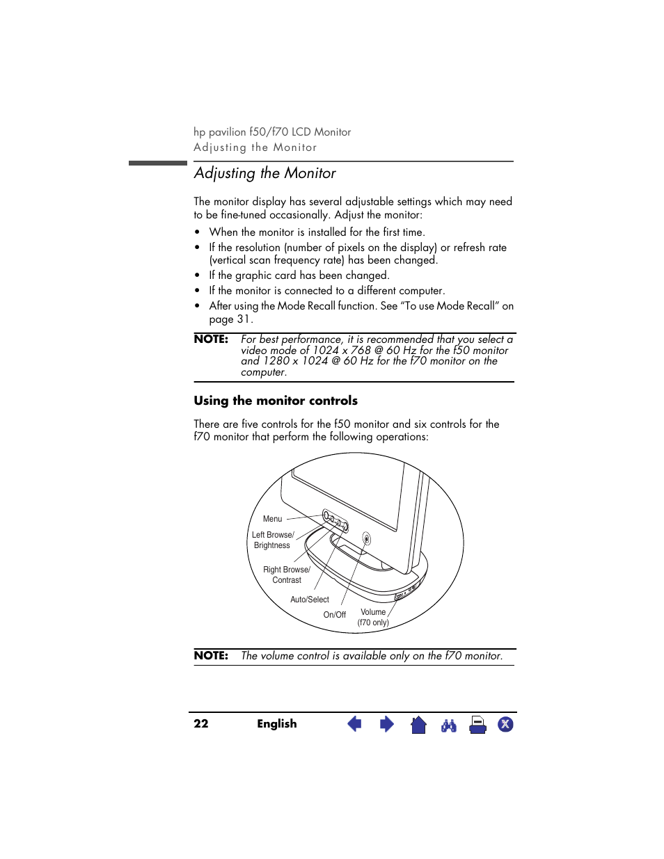 Adjusting the monitor | HP Pavilion f70 17 inch Flat Panel Monitor User Manual | Page 22 / 50