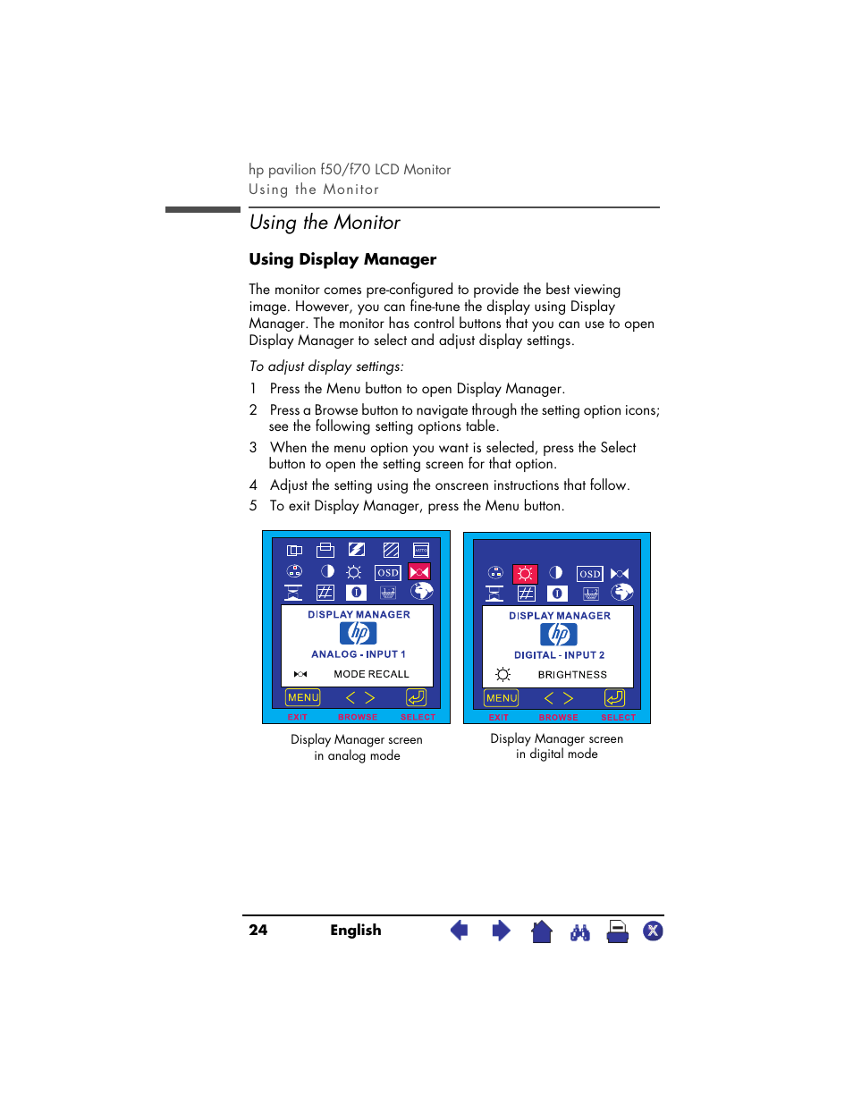 Using the monitor | HP Pavilion f70 17 inch Flat Panel Monitor User Manual | Page 24 / 50