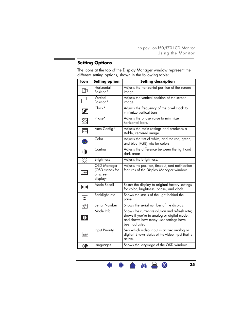 Setting options | HP Pavilion f70 17 inch Flat Panel Monitor User Manual | Page 25 / 50