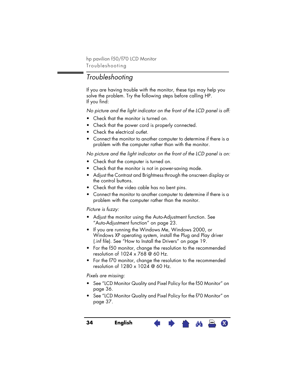 Troubleshooting | HP Pavilion f70 17 inch Flat Panel Monitor User Manual | Page 34 / 50