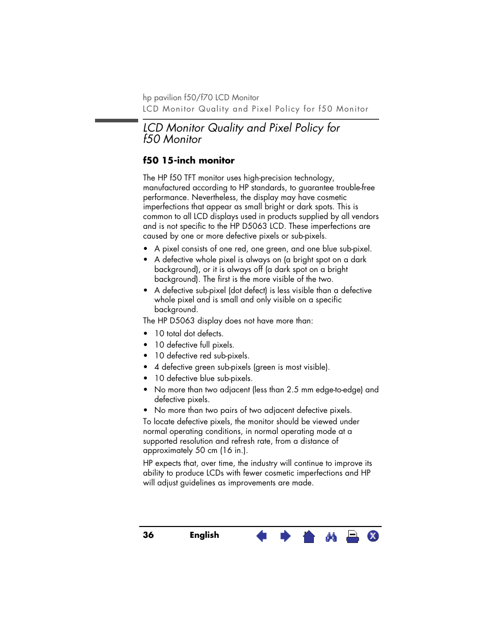 Lcd monitor quality and, Pixel policy for f50 monitor | HP Pavilion f70 17 inch Flat Panel Monitor User Manual | Page 36 / 50