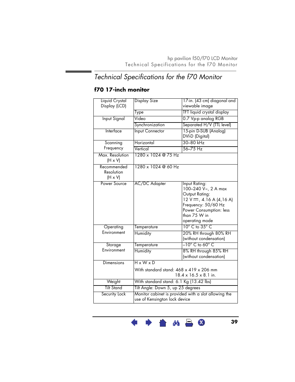 Technical specificationsfor the f70 monitor, Technical specifications for the, F70 monitor | Technical specifications for the f70 monitor, F70 17-inch monitor | HP Pavilion f70 17 inch Flat Panel Monitor User Manual | Page 39 / 50