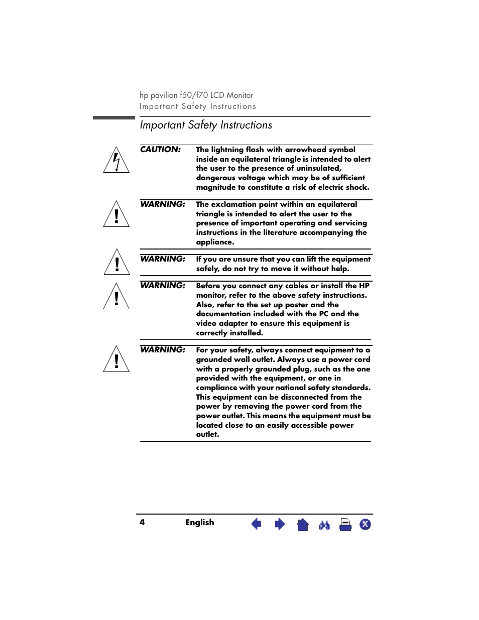 Important safety instructions | HP Pavilion f70 17 inch Flat Panel Monitor User Manual | Page 4 / 50