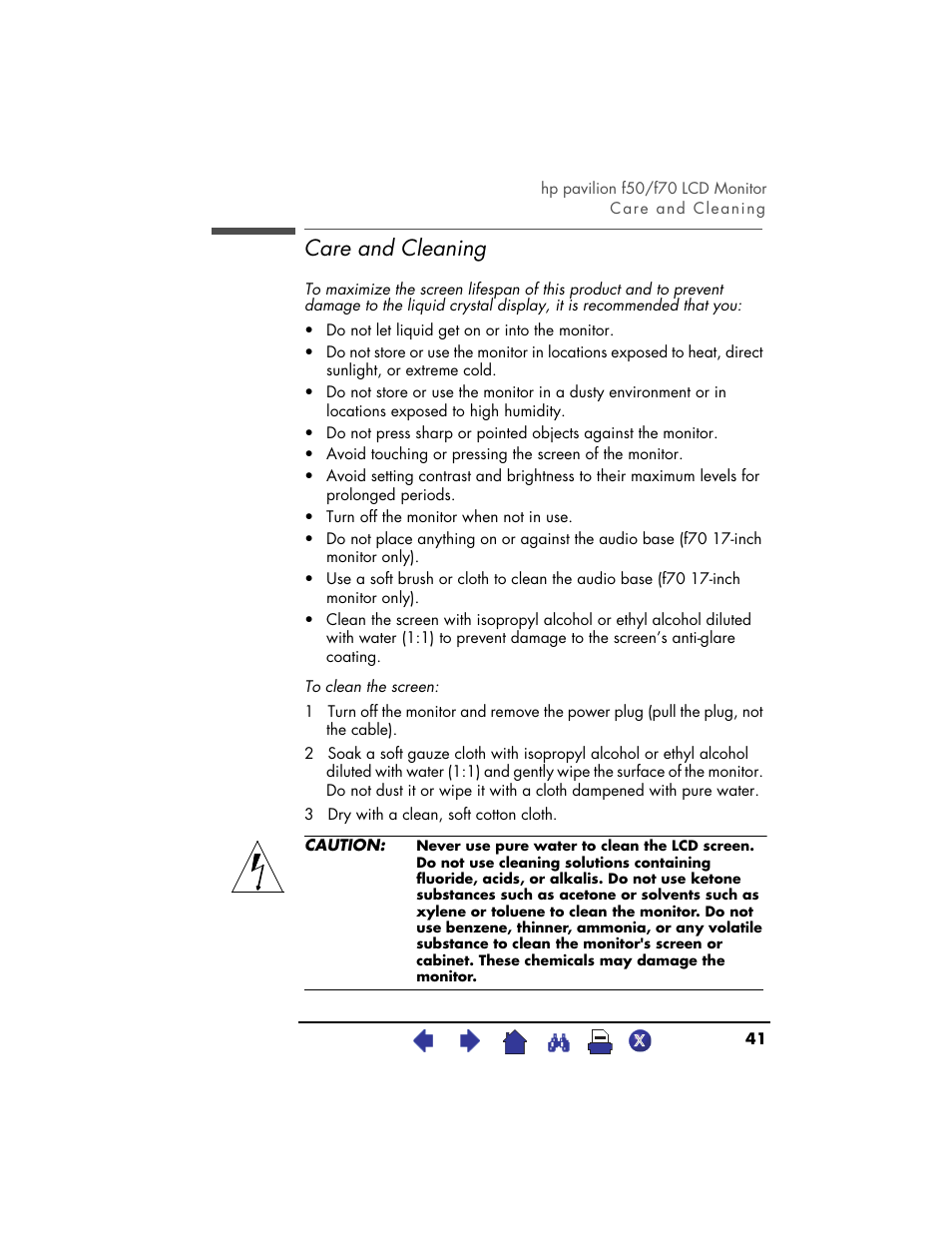 Care and cleaning | HP Pavilion f70 17 inch Flat Panel Monitor User Manual | Page 41 / 50