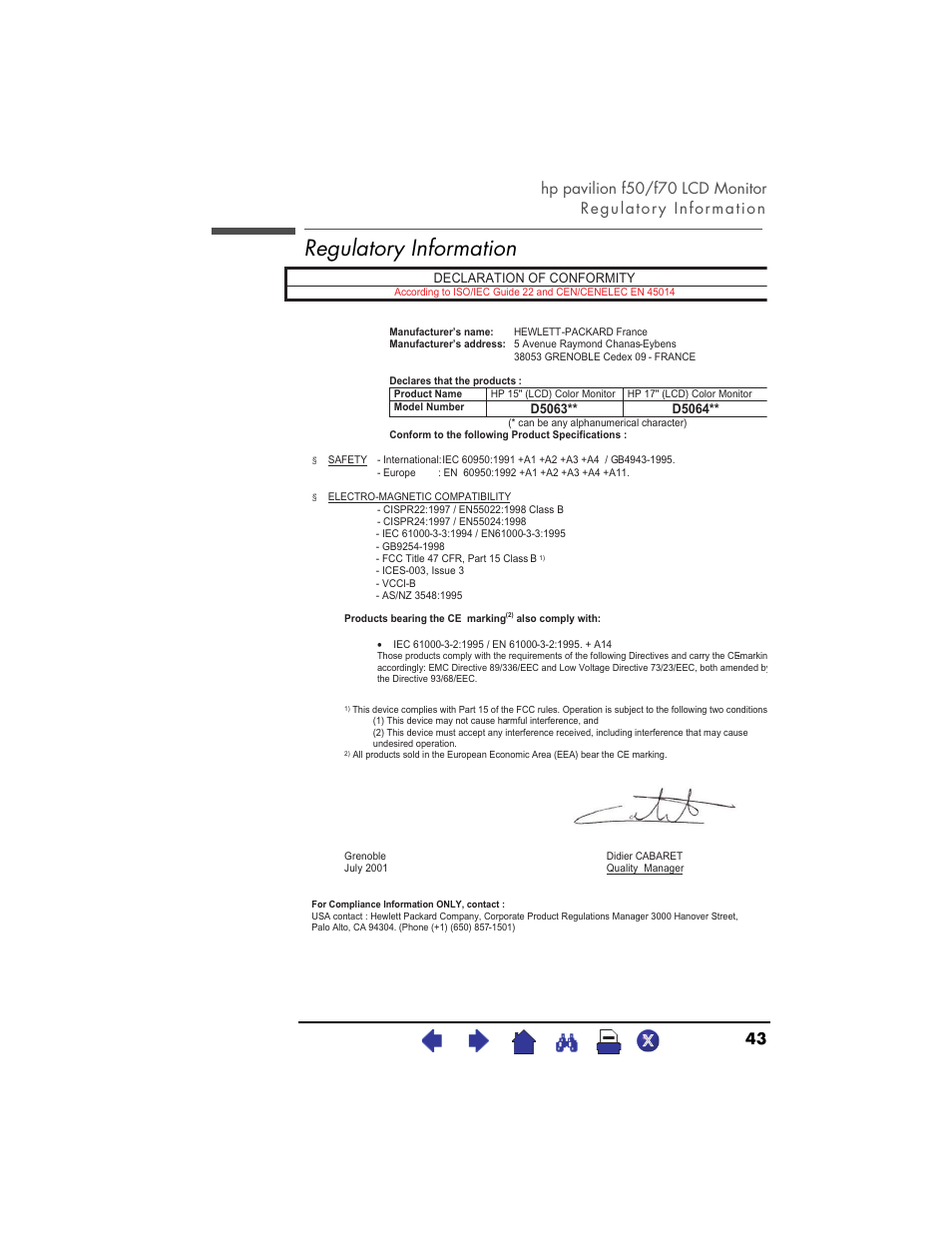 Regulatory information | HP Pavilion f70 17 inch Flat Panel Monitor User Manual | Page 43 / 50