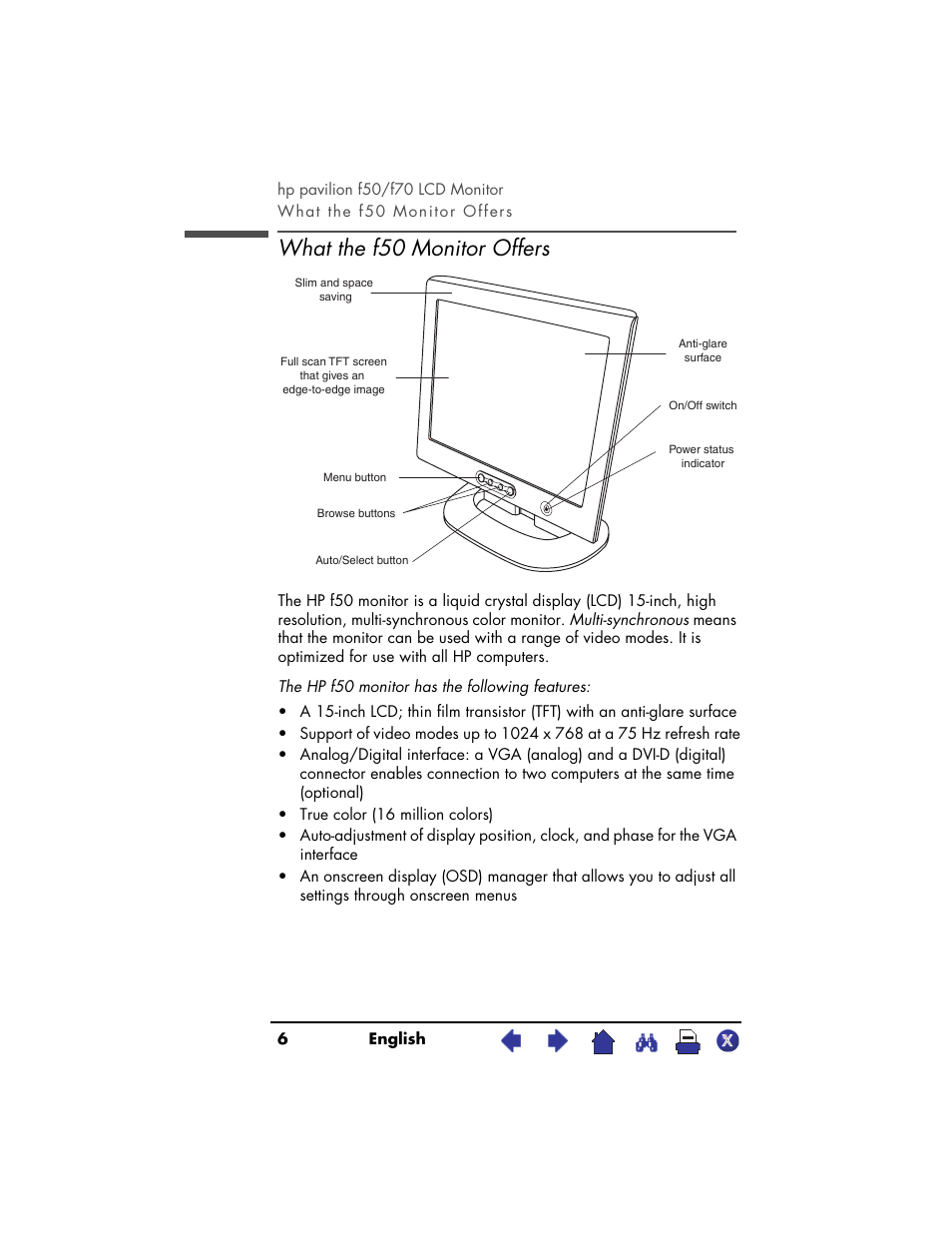 What the f50 monitor offers | HP Pavilion f70 17 inch Flat Panel Monitor User Manual | Page 6 / 50