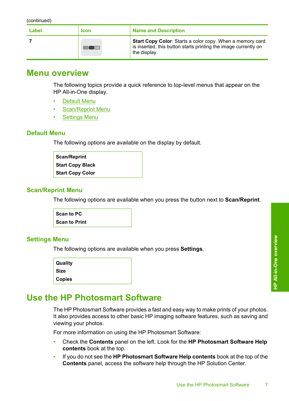 Menu overview, Default menu, Scan/reprint menu | Settings menu, Use the hp photosmart software, Menu overview use the hp photosmart software | HP Photosmart C4435 All-in-One Printer User Manual | Page 10 / 243