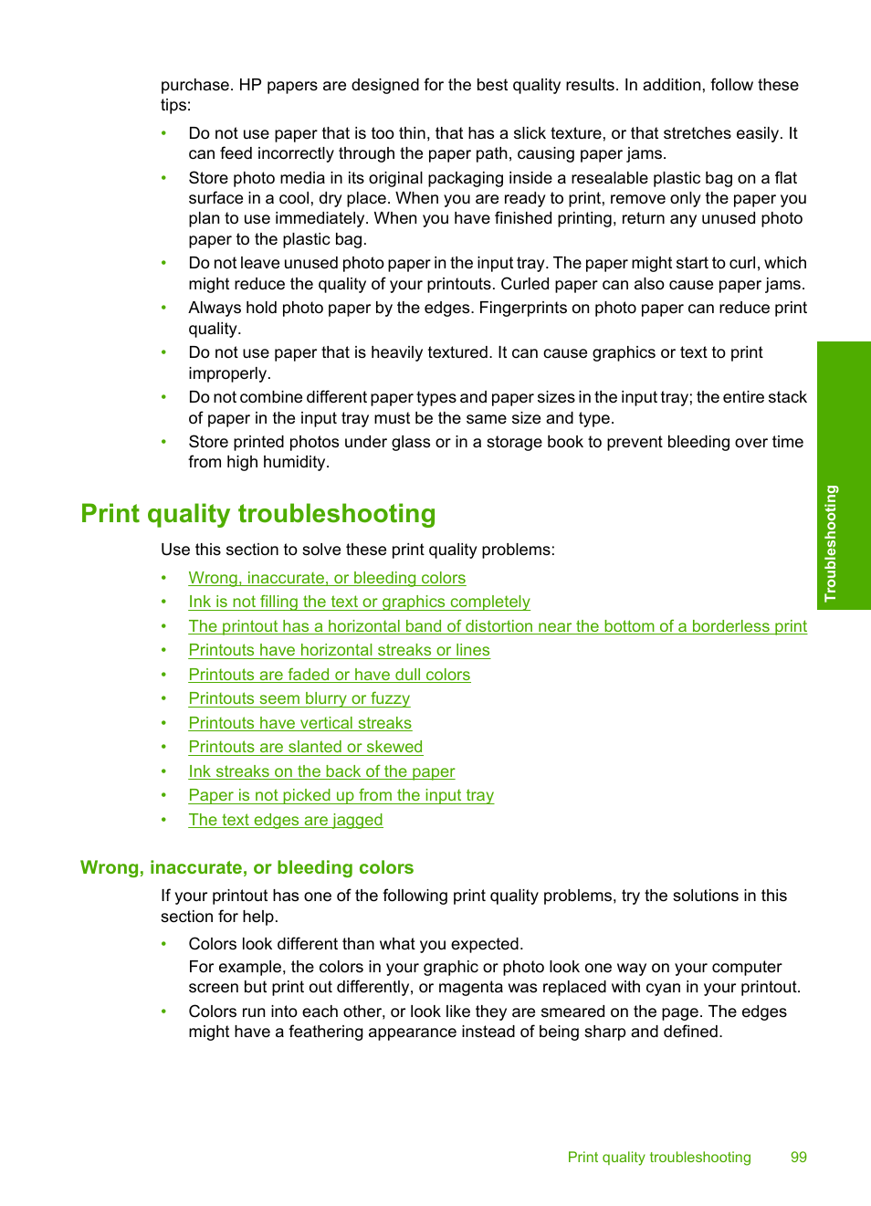 Print quality troubleshooting, Wrong, inaccurate, or bleeding colors | HP Photosmart C4435 All-in-One Printer User Manual | Page 102 / 243