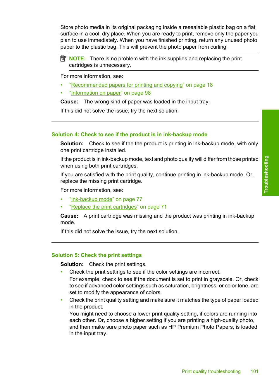Solution 5: check the print settings | HP Photosmart C4435 All-in-One Printer User Manual | Page 104 / 243
