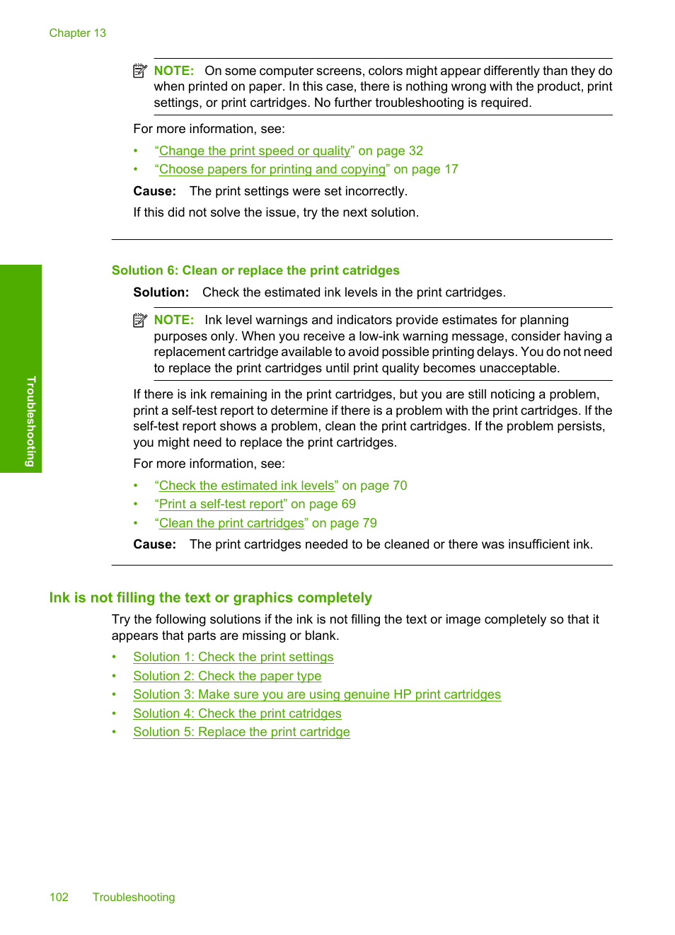 Ink is not filling the text or graphics completely, Solution 6: clean or replace the print catridges | HP Photosmart C4435 All-in-One Printer User Manual | Page 105 / 243