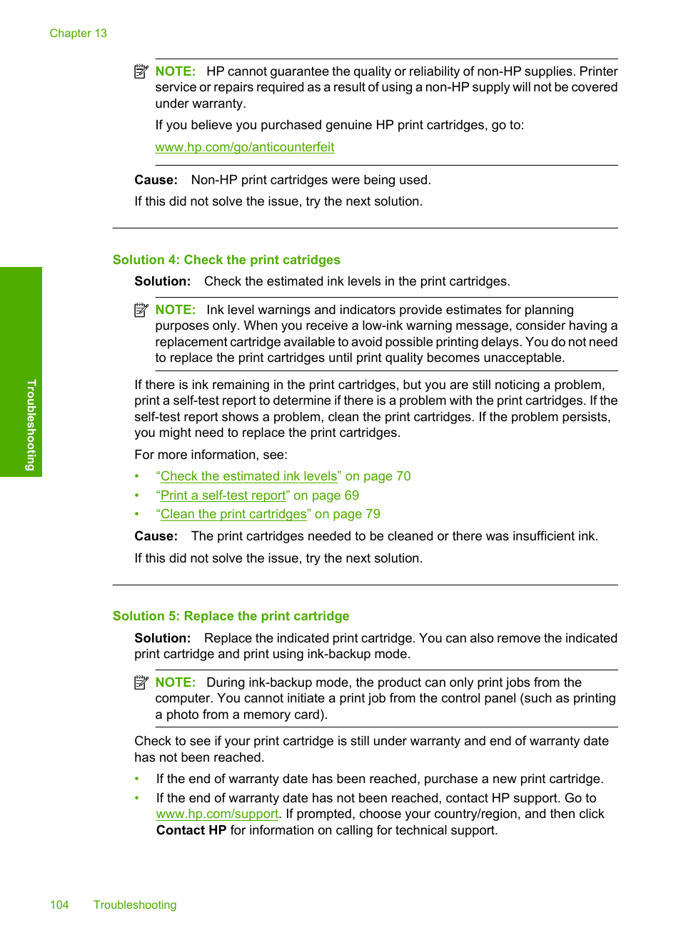 Solution 4: check the print catridges, Solution 5: replace the print cartridge | HP Photosmart C4435 All-in-One Printer User Manual | Page 107 / 243