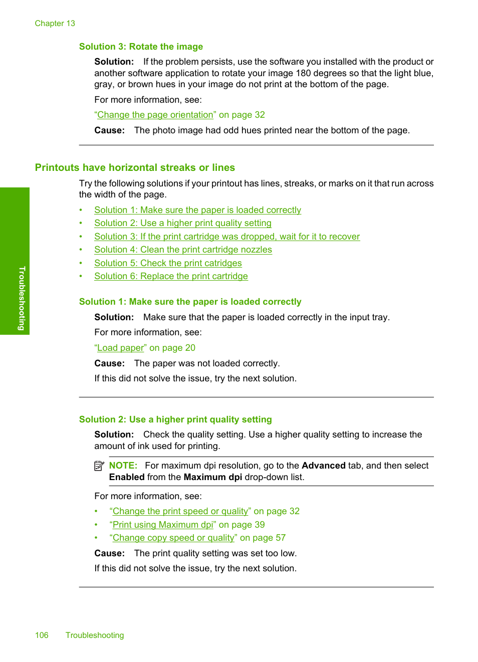 Printouts have horizontal streaks or lines, Solution 3: rotate the image | HP Photosmart C4435 All-in-One Printer User Manual | Page 109 / 243