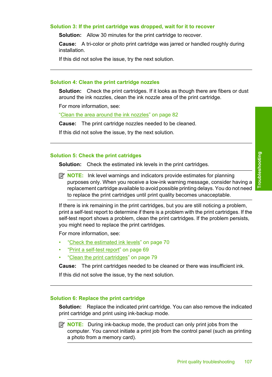Solution 4: clean the print cartridge nozzles, Solution 5: check the print catridges, Solution 6: replace the print cartridge | HP Photosmart C4435 All-in-One Printer User Manual | Page 110 / 243