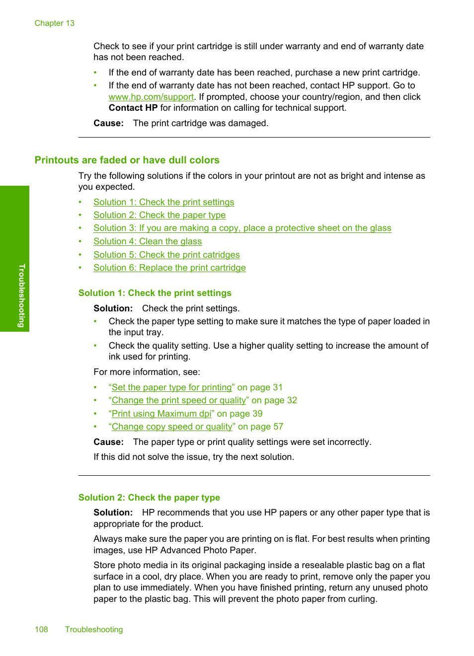 Printouts are faded or have dull colors | HP Photosmart C4435 All-in-One Printer User Manual | Page 111 / 243
