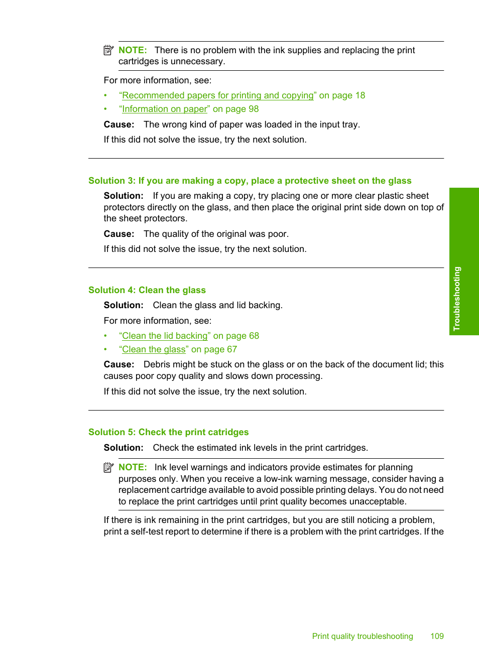 Solution 4: clean the glass, Solution 5: check the print catridges | HP Photosmart C4435 All-in-One Printer User Manual | Page 112 / 243