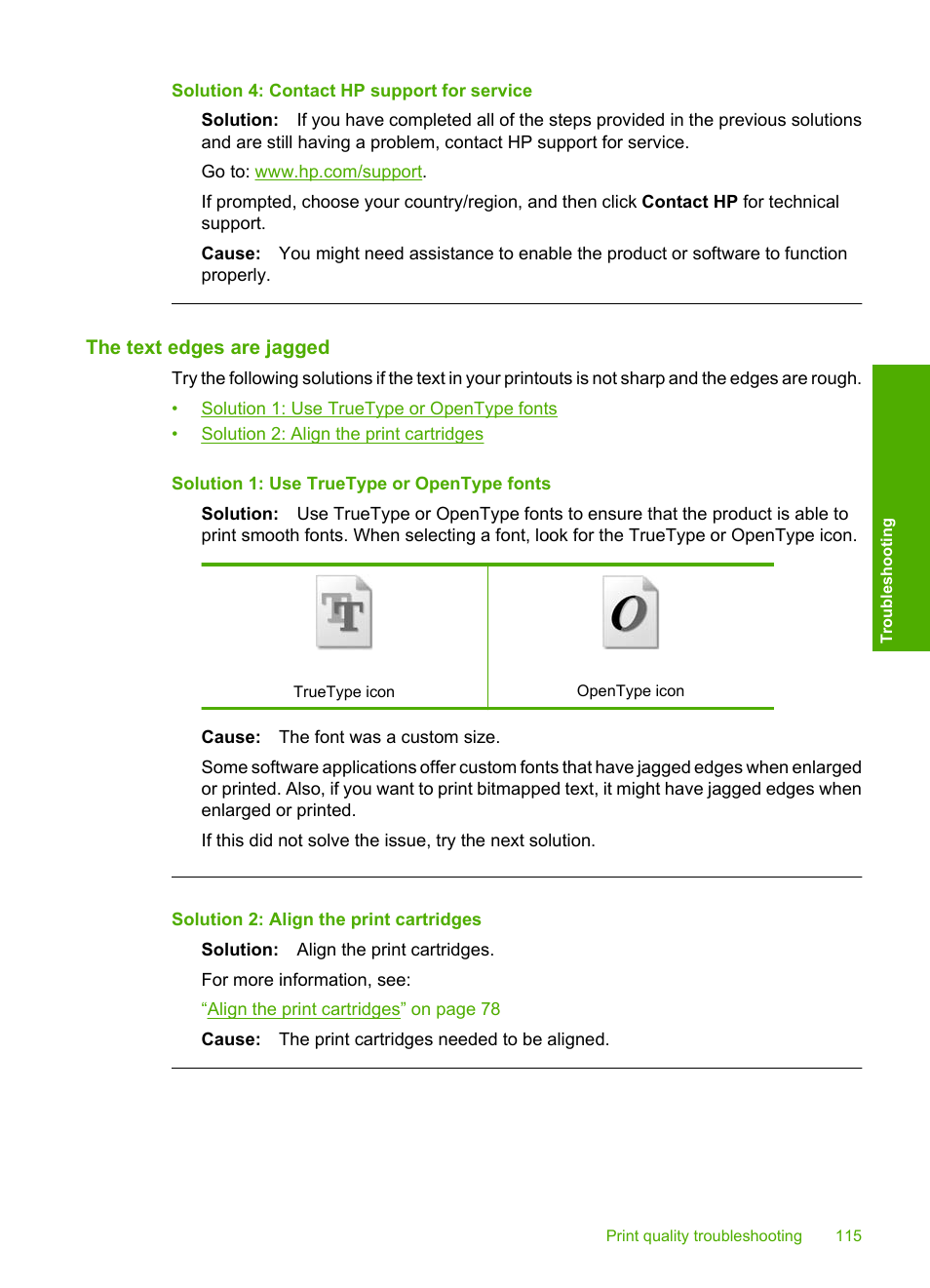 The text edges are jagged, Solution 4: contact hp support for service | HP Photosmart C4435 All-in-One Printer User Manual | Page 118 / 243