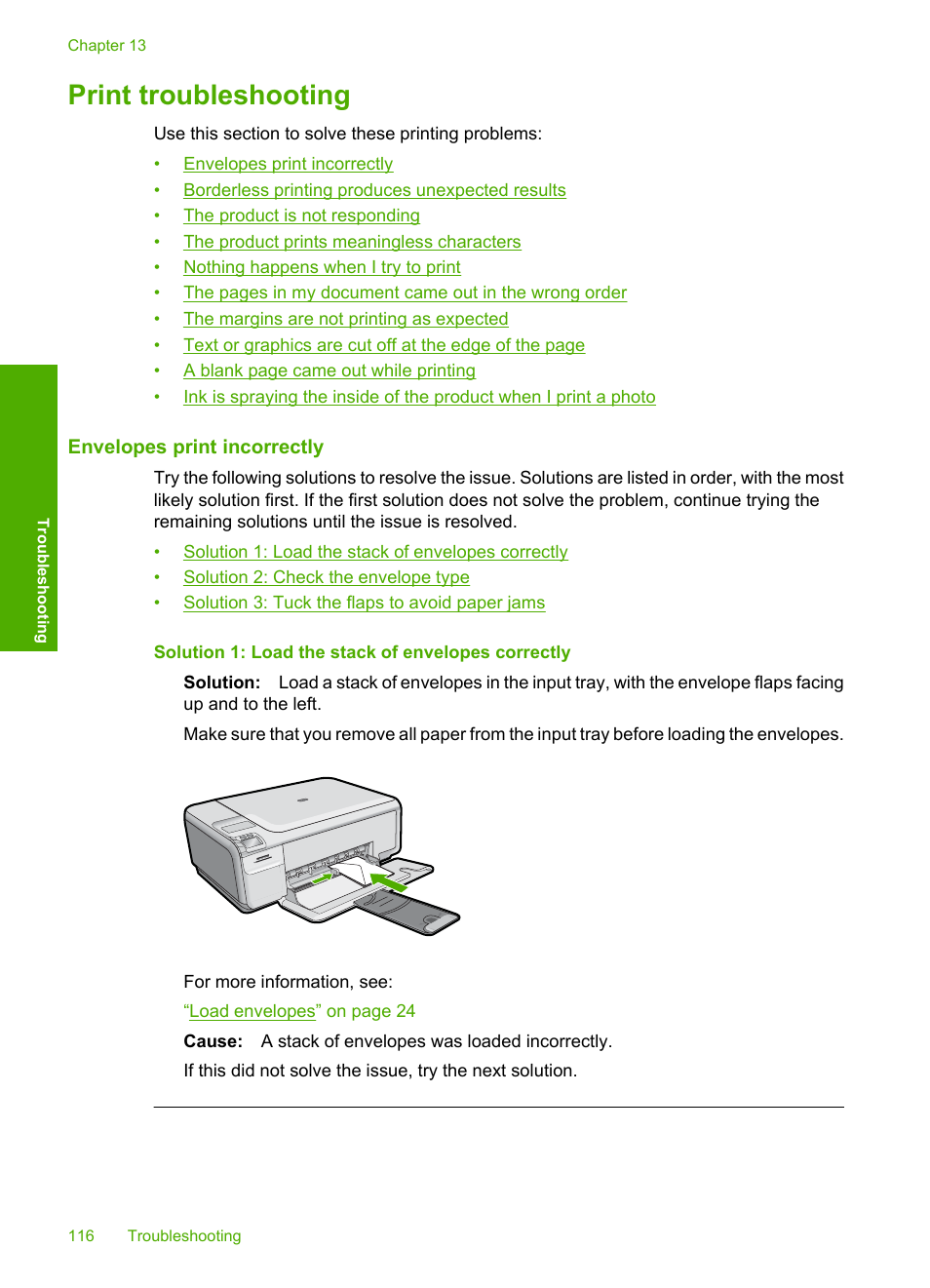 Print troubleshooting, Envelopes print incorrectly | HP Photosmart C4435 All-in-One Printer User Manual | Page 119 / 243