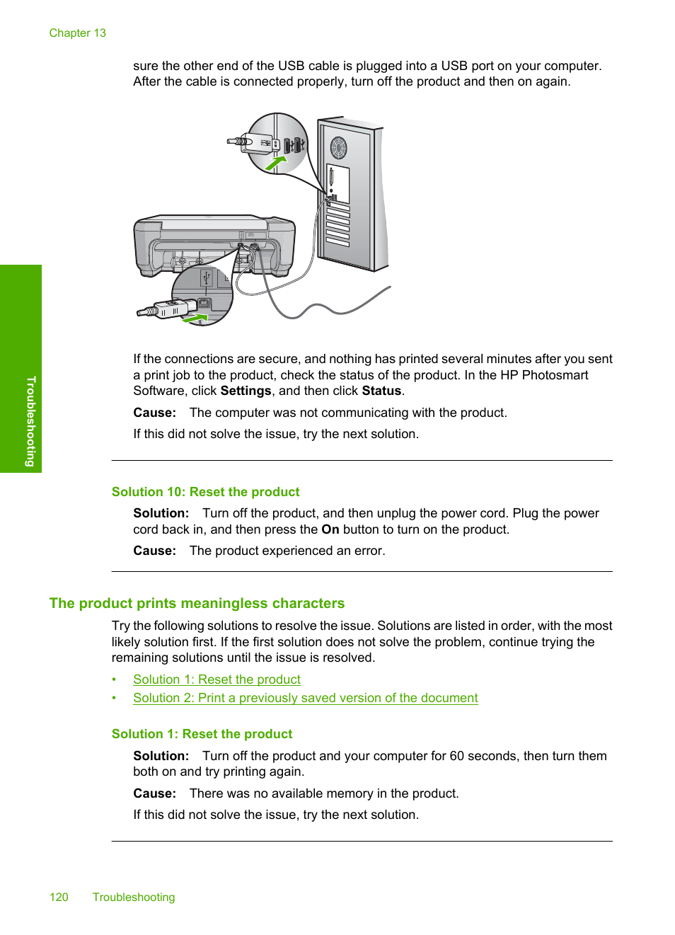 The product prints meaningless characters, Solution 10: reset the product | HP Photosmart C4435 All-in-One Printer User Manual | Page 123 / 243