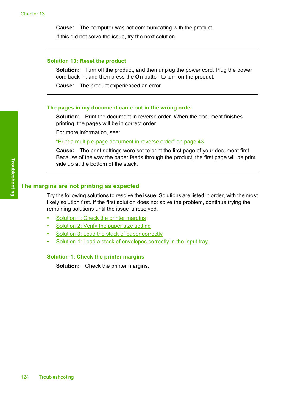 The margins are not printing as expected, Solution 10: reset the product | HP Photosmart C4435 All-in-One Printer User Manual | Page 127 / 243