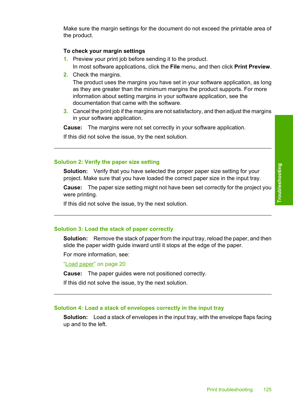 Solution 2: verify the paper size setting, Solution 3: load the stack of paper correctly | HP Photosmart C4435 All-in-One Printer User Manual | Page 128 / 243