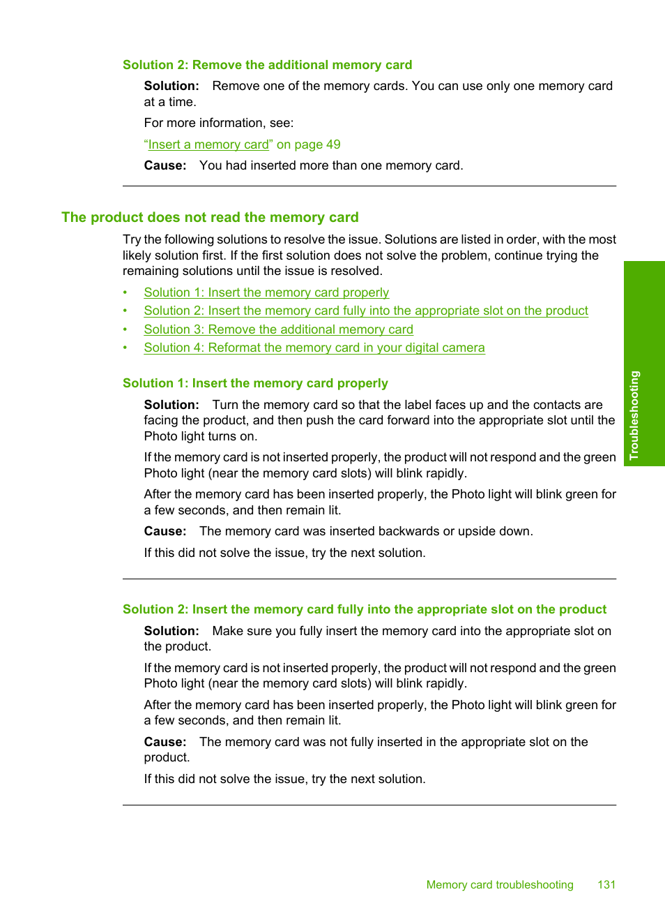 The product does not read the memory card, Solution 2: remove the additional memory card | HP Photosmart C4435 All-in-One Printer User Manual | Page 134 / 243