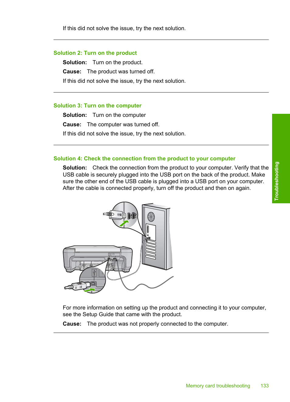 Solution 2: turn on the product, Solution 3: turn on the computer | HP Photosmart C4435 All-in-One Printer User Manual | Page 136 / 243
