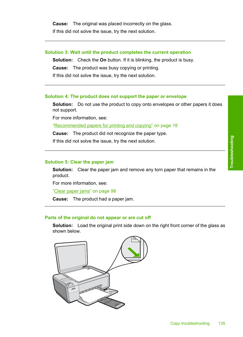 Parts of the original do not appear or are cut off, Solution 5: clear the paper jam | HP Photosmart C4435 All-in-One Printer User Manual | Page 138 / 243