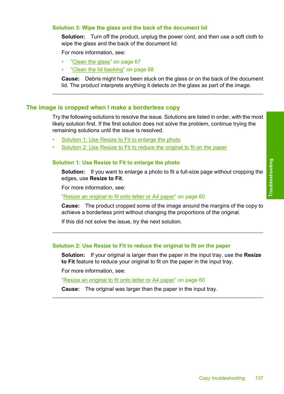 The image is cropped when i make a borderless copy | HP Photosmart C4435 All-in-One Printer User Manual | Page 140 / 243