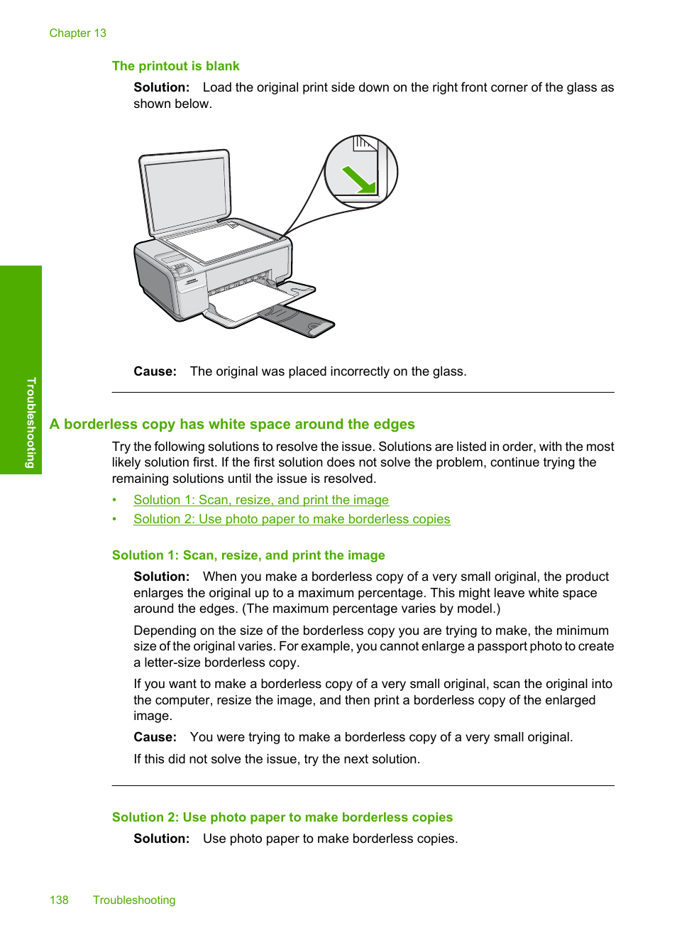 A borderless copy has white space around the edges, The printout is blank | HP Photosmart C4435 All-in-One Printer User Manual | Page 141 / 243