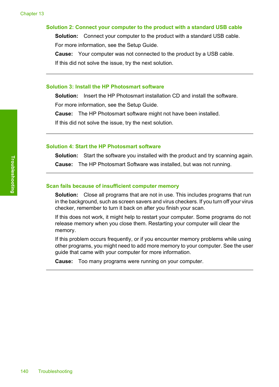 Scan fails because of insufficient computer memory, Solution 3: install the hp photosmart software, Solution 4: start the hp photosmart software | HP Photosmart C4435 All-in-One Printer User Manual | Page 143 / 243