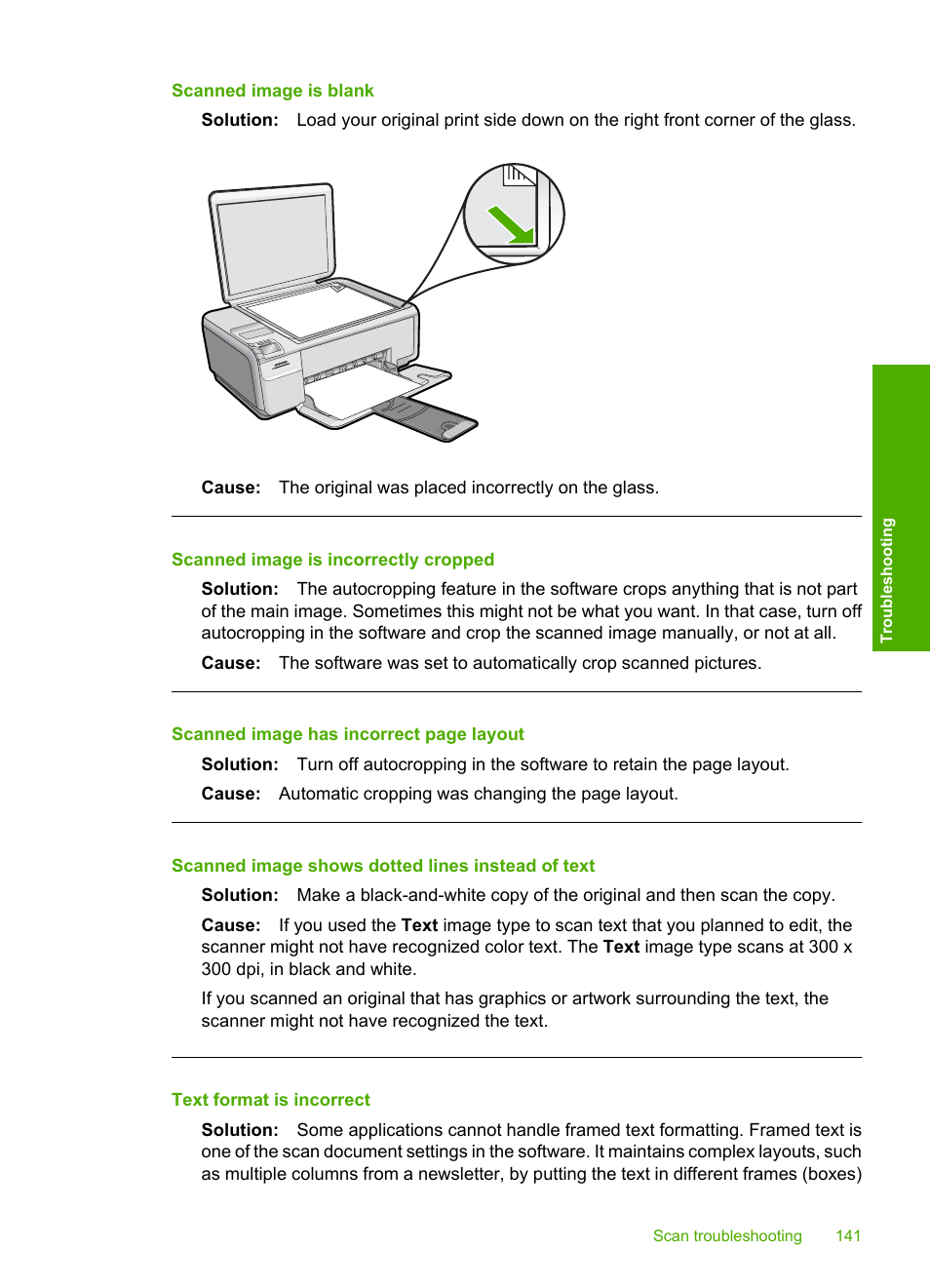 Scanned image is blank, Scanned image is incorrectly cropped, Scanned image shows dotted lines instead of text | Text format is incorrect | HP Photosmart C4435 All-in-One Printer User Manual | Page 144 / 243