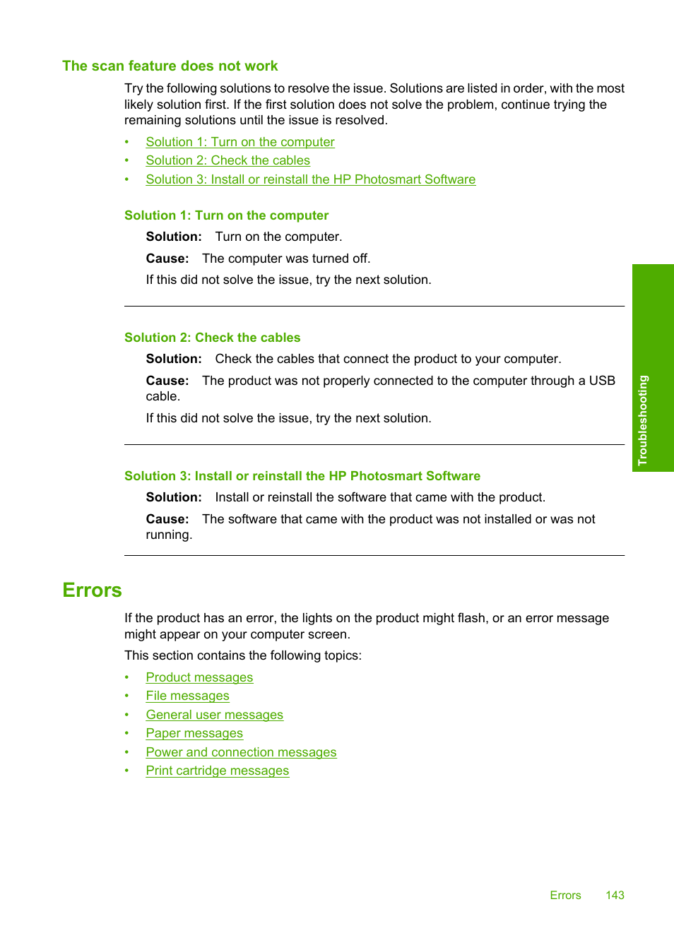 The scan feature does not work, Errors | HP Photosmart C4435 All-in-One Printer User Manual | Page 146 / 243