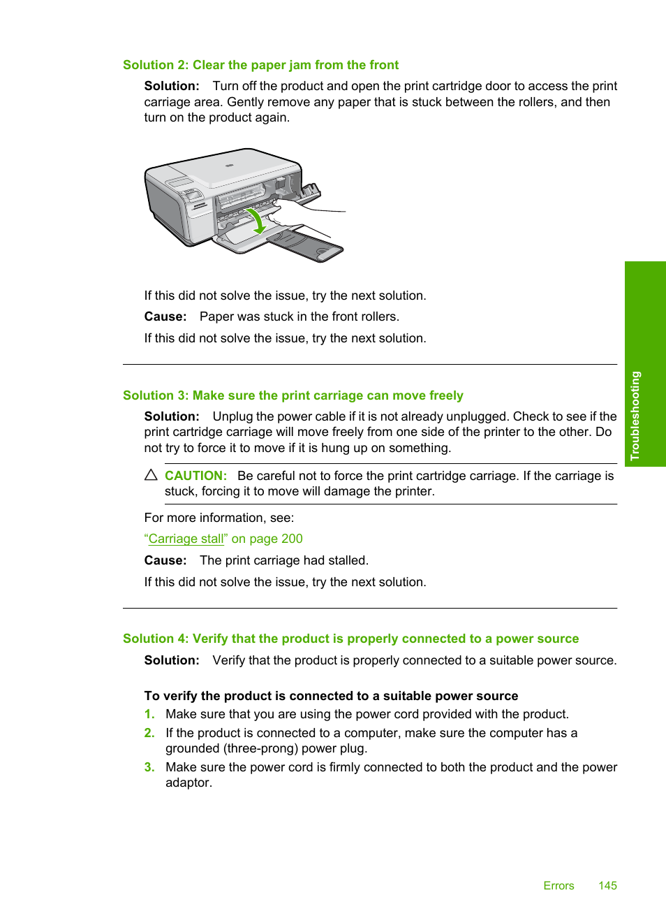 Solution 2: clear the paper jam from the front | HP Photosmart C4435 All-in-One Printer User Manual | Page 148 / 243