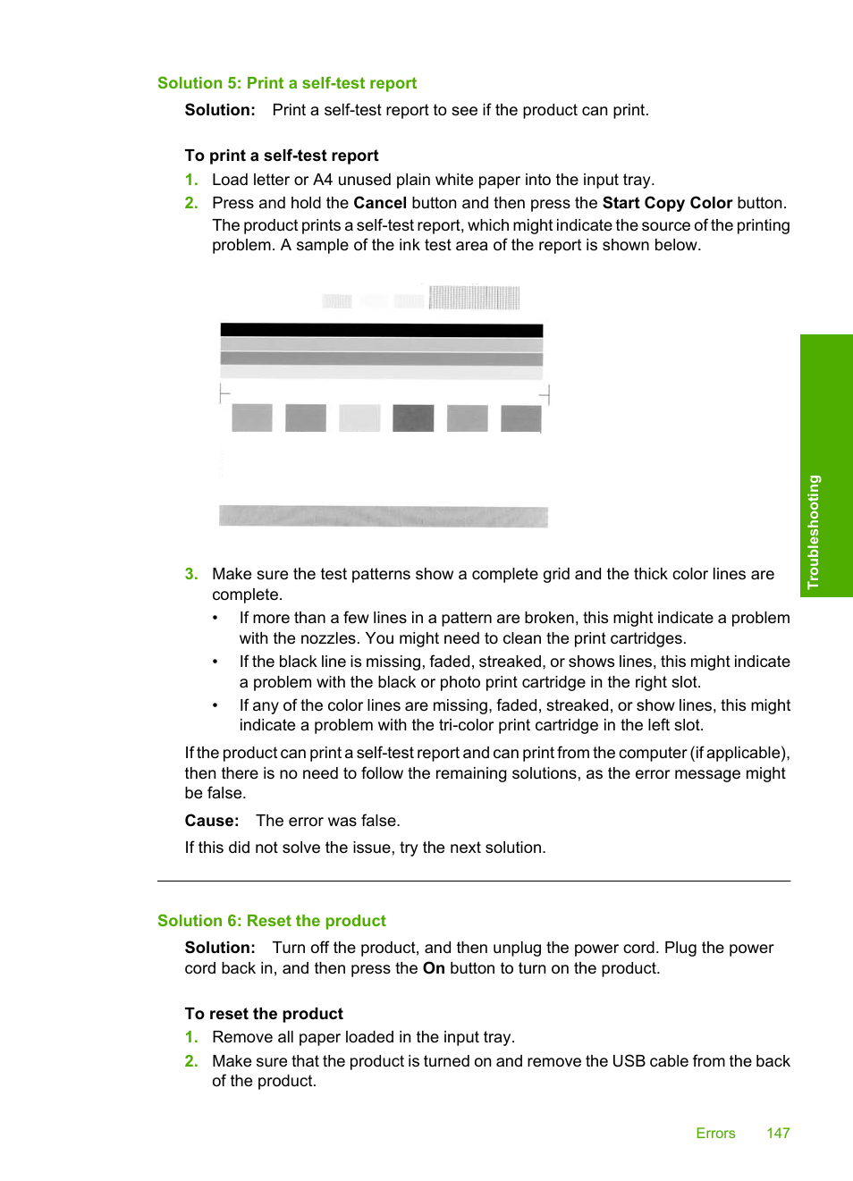 Solution 5: print a self-test report, Solution 6: reset the product | HP Photosmart C4435 All-in-One Printer User Manual | Page 150 / 243