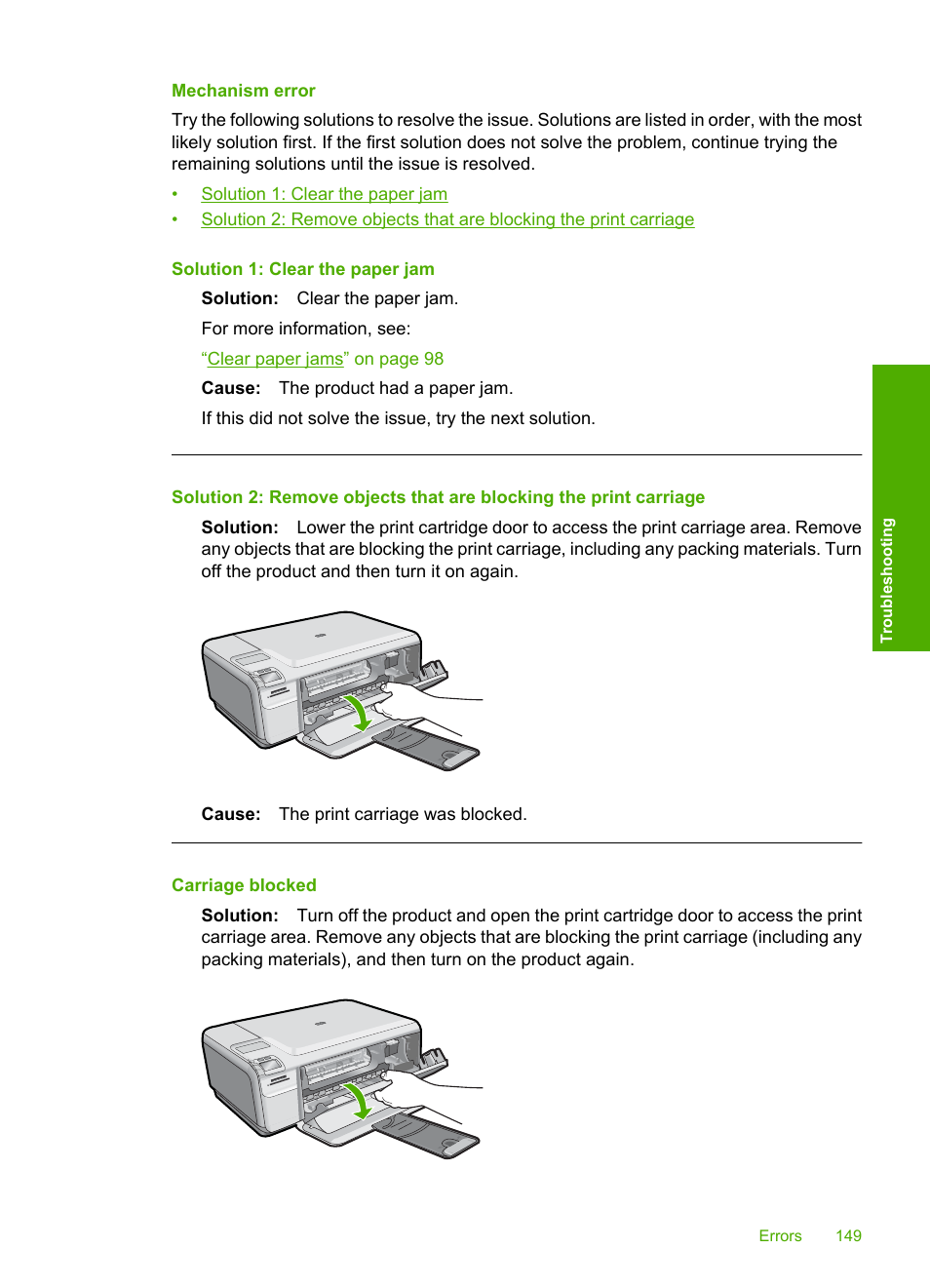 Mechanism error, Carriage blocked | HP Photosmart C4435 All-in-One Printer User Manual | Page 152 / 243