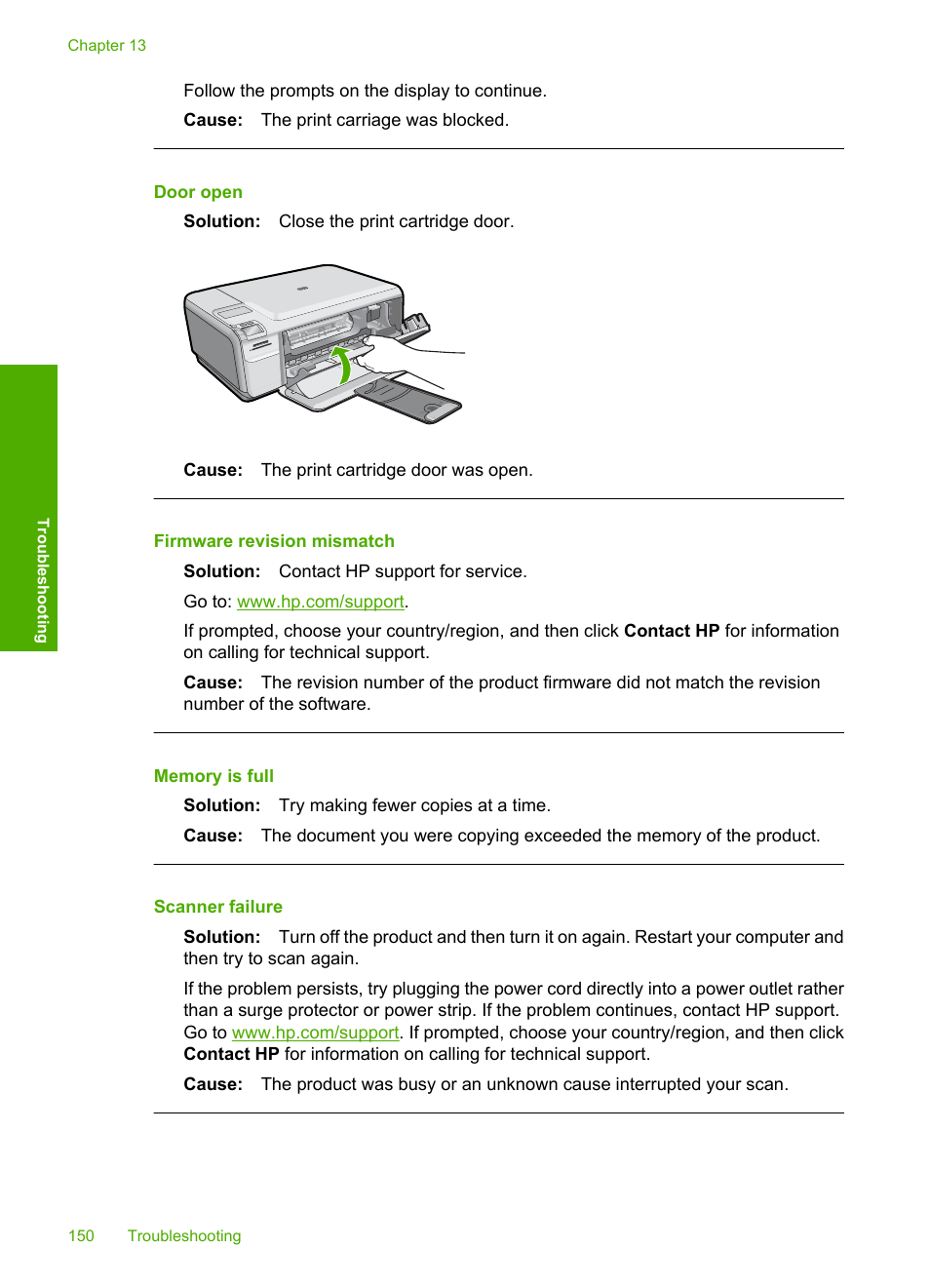 Door open, Firmware revision mismatch, Memory is full | Scanner failure | HP Photosmart C4435 All-in-One Printer User Manual | Page 153 / 243