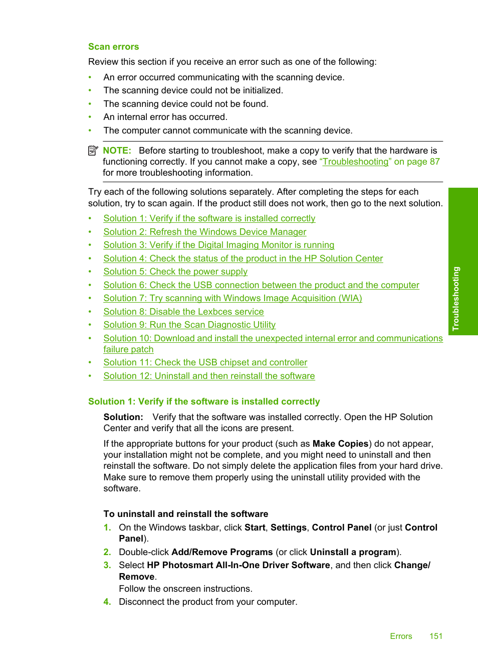 Scan errors | HP Photosmart C4435 All-in-One Printer User Manual | Page 154 / 243