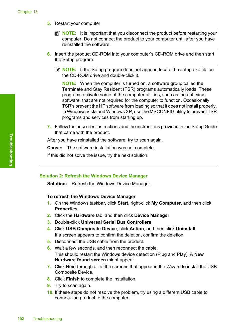 Solution 2: refresh the windows device manager | HP Photosmart C4435 All-in-One Printer User Manual | Page 155 / 243
