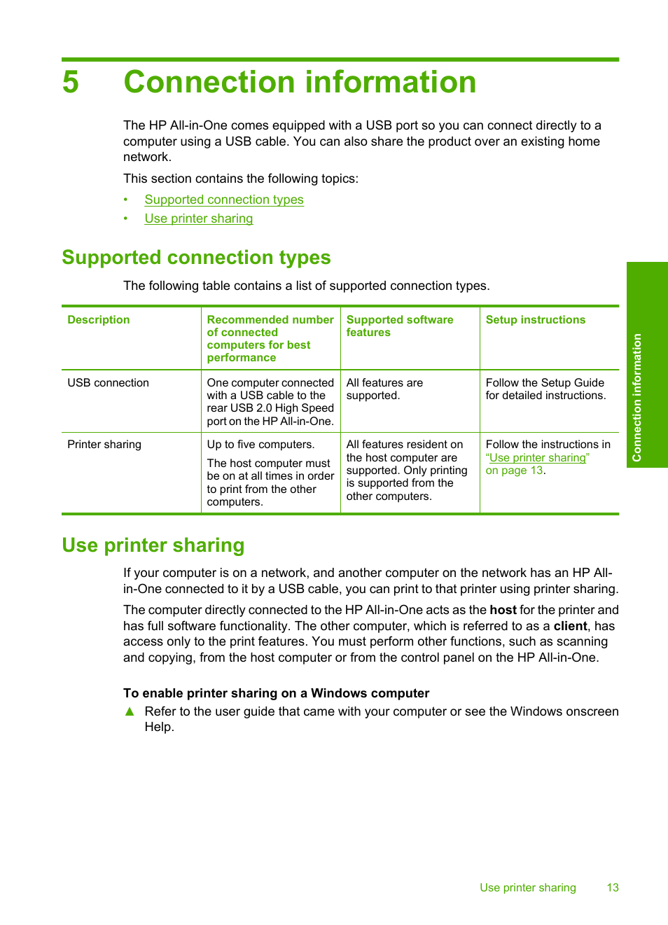 Connection information, Supported connection types, Use printer sharing | 5 connection information, Supported connection types use printer sharing, 5connection information | HP Photosmart C4435 All-in-One Printer User Manual | Page 16 / 243