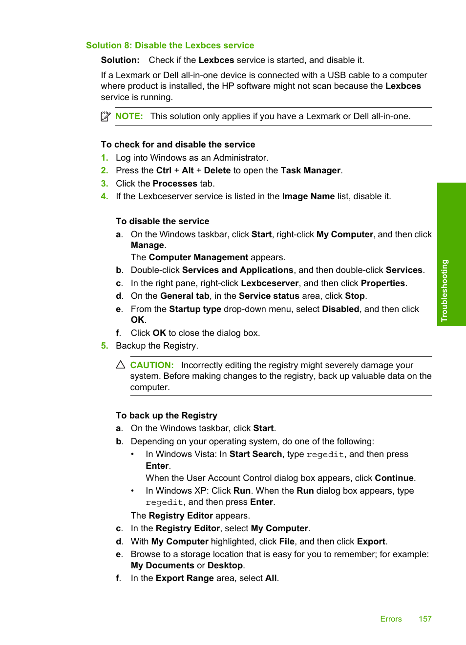 Solution 8: disable the lexbces service | HP Photosmart C4435 All-in-One Printer User Manual | Page 160 / 243